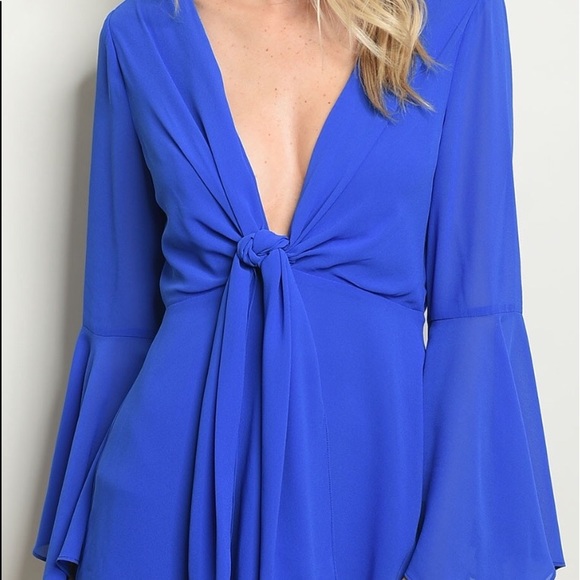 ROYAL BLUE LINED BELL SLEEVE ROMPER - Picture 4 of 15